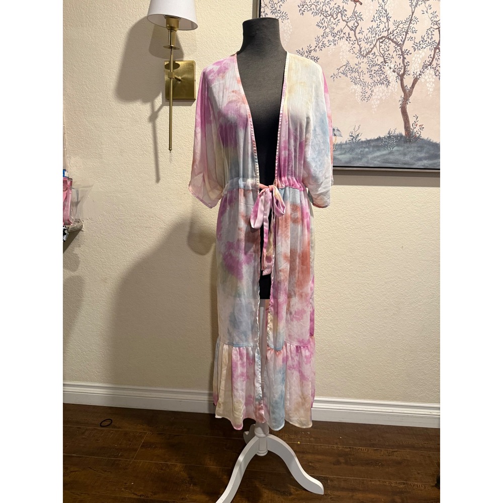 No Boundaries Tie Dye Duster Cardigan Pink Blue  Kimono Wrap Cover Up‎